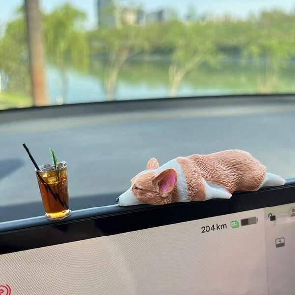 2pcs Resin Sleeping Corgi Desk Decor, Car Decor, Mini Cute Dog Dashboard Ornament, Creative Plush Doll Decor For Car, Office, No Power Required