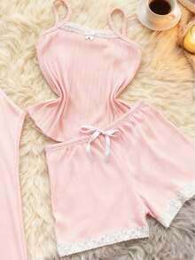 Women's 3-Piece Trio Pajama Set: Tank Top, Shorts, And Pants. Comfortable Ribbed Fabric. - 粉色 - 查看 2