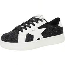 Niluber Star Sneakers For Women Low Top Cushioned White Gold Sliver Leopard Platform Sneakers Lace Up Red Glitter Platform Party ShoesChristmas - 黑色閃光 - 查看 1