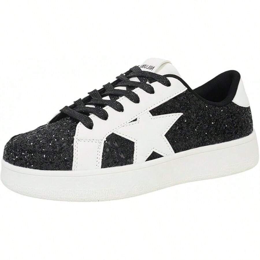 Niluber Star Sneakers For Women Low Top Cushioned White Gold Sliver Leopard Platform Sneakers Lace Up Red Glitter Platform Party ShoesChristmas - 黑色閃光 - 查看 1