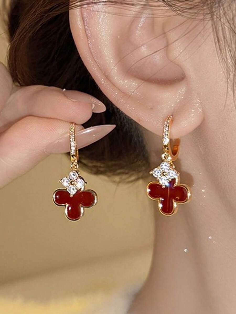 1 Pair Gold Plated Double Layer Four-Leaf Clover Zirconia C-Shaped Hoop Earrings, Elegant & Chic Earrings For Women - Gold - View 1