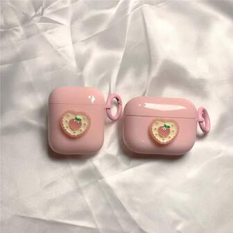 1pc Korean Style Pink 3D Heart & Peach Shockproof Earphone Case + Carabiner Bluetooth Earphone Case Compatible With Apple 1st/2nd/3rd/Pro/Pro 2nd Generation, Creative Design For New 4th Generation