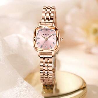  1件 GAIDU 女士优雅小巧钢带腕表，复古时尚方形石英表，适合日常佩戴和聚会 6010