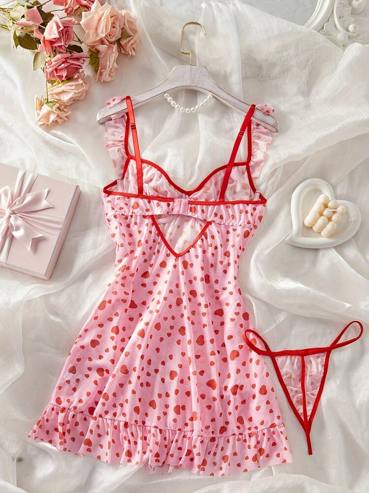 1pc Women's Valentine's Day Nightgown With Heart Print, Lace Trim, Bow Detail And Satin Splice - Synthetic Knit Shirt, Easy Care - Pink - View 2