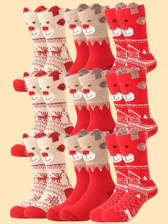 9 pares de calcetines de invierno navideños para mujer con diseño de orejas en 3D, calcetines versátiles y casuales de media caña para días festivos