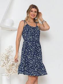 All-Over Floral Print, Ruffled Hem, Beach Style. - 寶藍色 - 查看 5