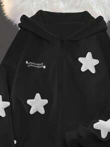 女士连帽抓绒外套，星形印花，涤纶材质，可机洗，拉链前襟带口袋，保暖休闲，运动街头风，适合徒步旅行、户外活动，秋冬春季穿着。 - 黑色 - 查看 5