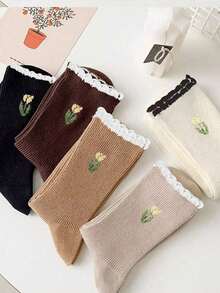 5 pares de calcetines de media caña de mujer de unicolor con encaje, diseño floral de tulipán estilo japonés lindo, versátil para otoño/invierno, adecuado para combinar con la moda diaria