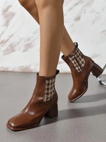 Vintage Houndstooth Patchwork Ankle Boots For Women, Brown Square Toe Chunky Heel Chelsea Boots, Autumn/Winter Fashion Zipper Booties - Brown - View 3
