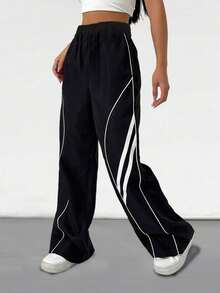 1件装少女休闲宽松个性化韩版拼接时尚百搭直筒工装裤，带口袋，适合春、夏、秋、冬四季穿着。 - 黑色 - 查看 5