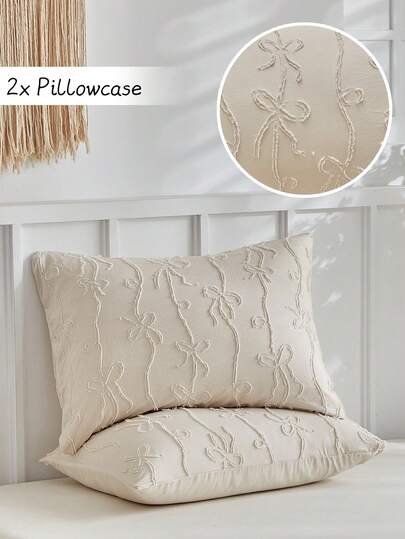 2pcs Khaki Bow Tufted Jacquard Pillow Covers, Cute Boho Style Decorative Pillowcases, Suitable For All Seasons, Machine Washable (Pillow Insert Not Included)