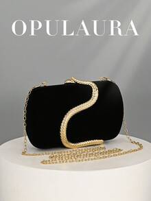 OpulAura 女士复古时尚丝绒手拿包，蛇纹搭扣设计，欧美风格，蛇皮简约盒式手拿包，适合婚礼、晚宴、正式场合、派对等场合，可作手提包、单肩包使用，配有高品质链条肩带 - 黑色 - 查看 2