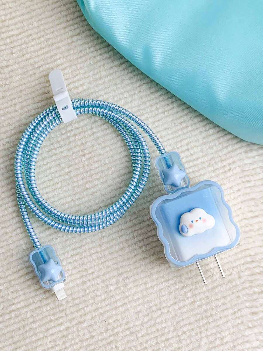 5pcs/set Tpu Wave Edge Blue Gradient Sweat Stain Cloud Pattern Phone Charger Protective Case Compatible With Iphone - Blue - View 1