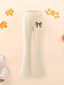 Bộ 2 quần ống loe và áo nỉ họa tiết da báo và nơ cho bé gái tuổi teen, trang phục thường ngày thoải mái và thời trang, trang phục trở lại trường - Màu be - Xem 7