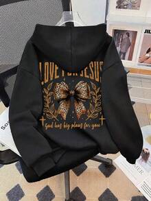 宽松百搭的时尚针织衫，饰有可爱蝴蝶结印花和连帽设计，适合秋冬季作为长袖叠穿上衣，米色可选。 - 黑色 - 查看 3