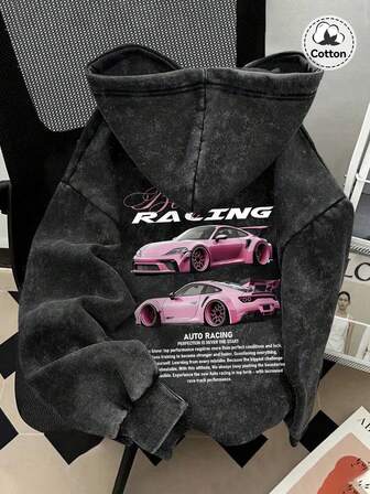 קפוצ'ון עם קפוצ'ון בדוגמת מכוניות ספורט לסתיו וחורף לגברים, גמיש מעט וגזרה טובה, שטוף ומרופט, קרדיגן שחור ארוך שרוולים מבד קטיפה וכותנה עם רוכסן, ז'קט קז'ואל יומיומי לחזרה לבית הספר