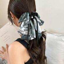 Large Chiffon Silk Hair Bow For Women Mesh Big Bows Hair Clips With Pearls Crystal Tulle Hair Barrettes Long Tail Bowknot Hair Accessories (Grey And White)GreyandWhite - 灰白 - 查看 2