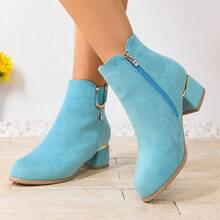 Botas de tobillo de ante con colgante de rhinestone para mujer, elegantes botas de oficina para otoño/invierno, estilo europeo y americano, versátiles, estilizadoras y que aumentan la altura - Azul cielo - Ver 15