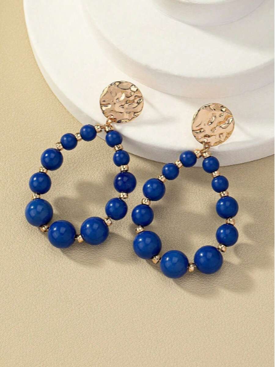 New European & American Design Luxury Dopamine Stud Earrings, Sweet Faux Pearls Vintage High-End Earrings - Royal Blue - View 1