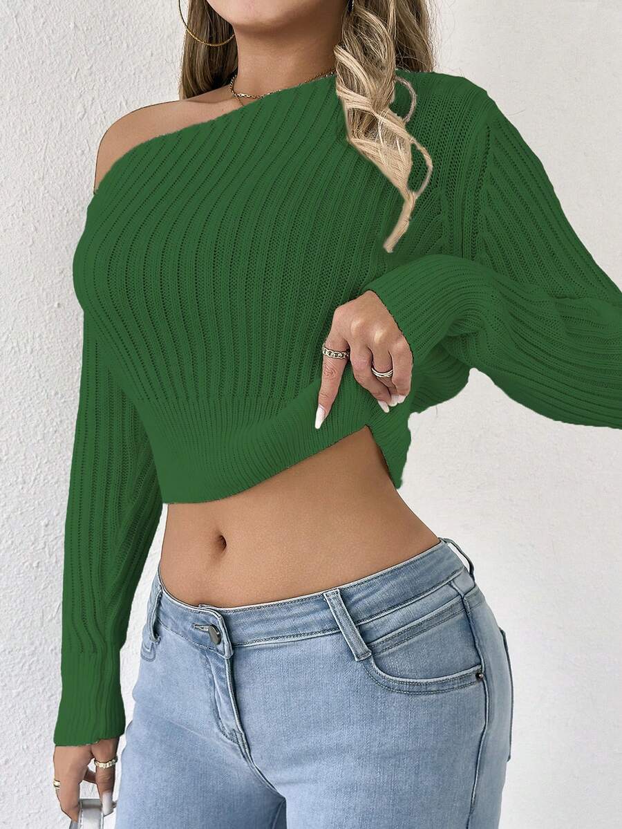 Women's Off-Shoulder Sexy Casual Knit Sweater, Spring/Autumn/Winter - Green - View 1