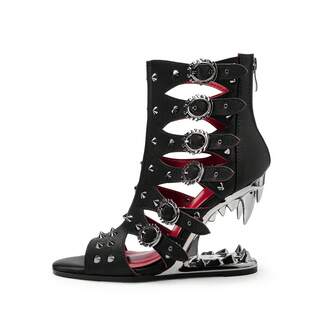 新款罗马朋克风角斗士靴，手工定制，最新炫酷铆钉镂空设计，舒适适合徒步、跳舞，露趾高跟靴，不对称短靴
