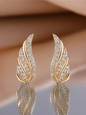 Elegant Leaf & Pearl Earrings, Cubic Zirconia Inlaid, Fashionable Alloy Design, Suitable For Daily Wear And Gift