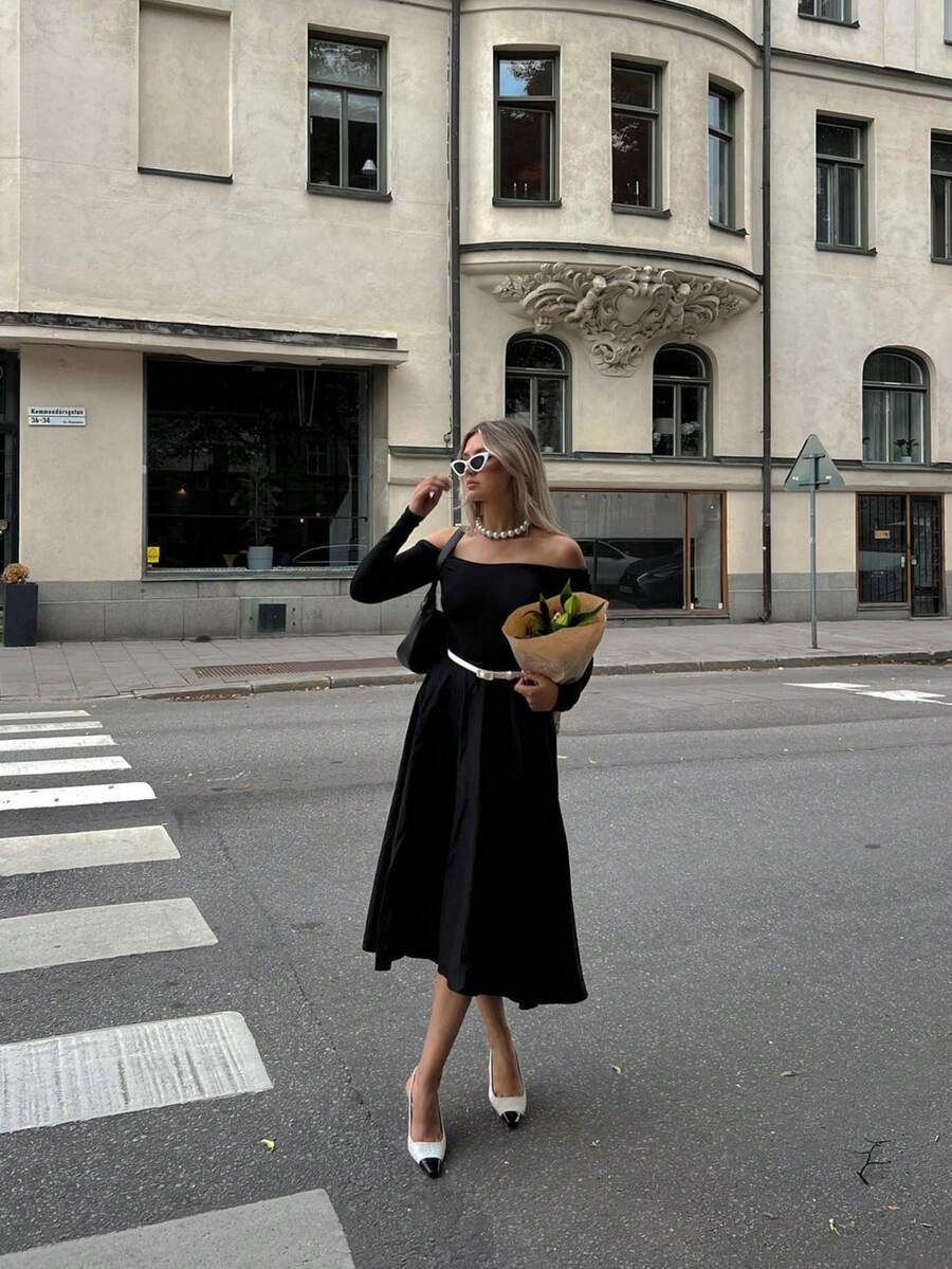 Elegant Women's Woven Fabric Long Off-Shoulder Dress, Backless Design, Perfect For Party Occasions - Black - View 1