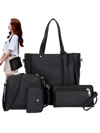 Conjunto de 4 piezas 2026 Nuevo Estilo de Moda Bolso de Hombro de Mujer, Elegante Minimalista de Material PU Conjunto de 4 Piezas Estilo Coreano, Bolso Bandolera de Gran Capacidad, Bolso de Mano de Mujer, Combinación de Conjunto de 4 Piezas de Moda Dulce de Varios Colores, Conjunto de Bolsos de Mujer, Combinación de Bolso Bandolera y Bolso de Hombro de Moda, Textura Sólida de Color Ciruela, Forro de Poliéster, Lavable, Regalo Perfecto para 11 Ocasiones Festivas, Esencial del Cartero, Regalo de Navidad