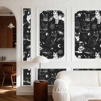 1 rollo de papel tapiz autoadhesivo con gatos lindos, estilo blanco y negro gótico con elementos cósmicos, removible, adecuado para sala de estar, fondo de TV, dormitorio, entrada, decoración del hogar vintage, gabinetes, estantes, renovación de muebles, apto para inquilinos, bricolaje, tamaño: 44cm*3m/5m/10m