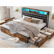 EnHomee Full/Queen/King Size LED Bed Frame With 4 Storage Drawers & Charging Station Platform Bed Frame With Upholstered Storage Headboard No Noise, No Box Spring Needed, Rustic Brown - 鏽棕色 - 查看 4
