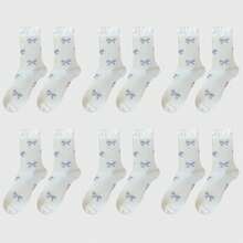 Women's 6-Pair Bow Pattern Crew Socks With Fuzzy Ruffled Cuff - Gray - Grey - View 1