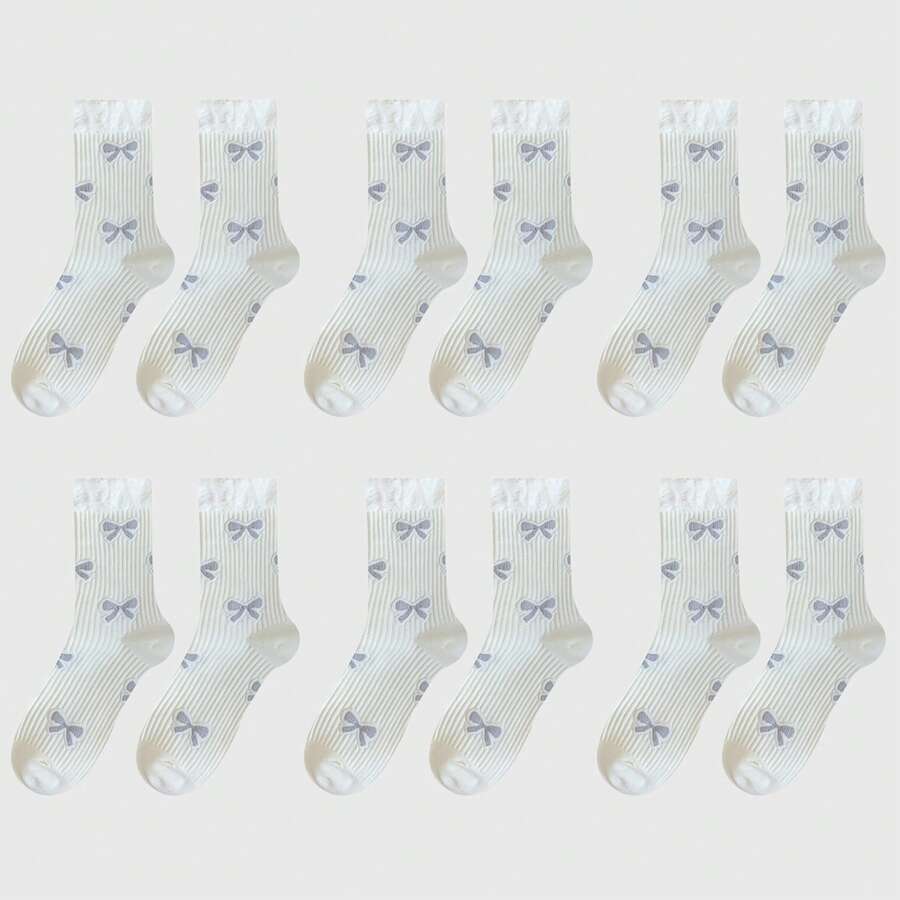 Women's 6-Pair Bow Pattern Crew Socks With Fuzzy Ruffled Cuff - Gray - Grey - View 1