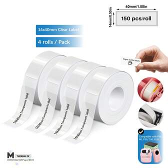  4 paquetes de Phomemo D30, etiquetas adhesivas transparentes compatibles con la impresora de etiquetas térmicas Marklife P15, de 14 mm x 40 mm, 150 etiquetas por rollo, material de papel, para M1/P50/P12 Transparent Label Taper, 0,55 x 1,57 pulgadas