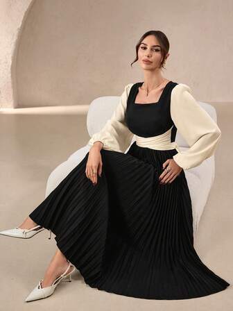 Elegant romantisk fransk prinsessklänning för kvinnor – Kontrastfärg, puffärmar, fyrkantig halsringning, knytbar rosett och veckad kjol, höst-/vinterstil för daglig elegans, fester, bröllop och dejter. Balklänning, examensgästklänning.