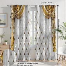 2pcs 2D Golden & White Geometric Diamond Luxurious Palace Style Christmas Curtains, Made Of Polyester Fiber, Suitable For Rental House, Living Room, Kitchen, Bedroom, Removable And Machine Washable, Suitable For Small Windows