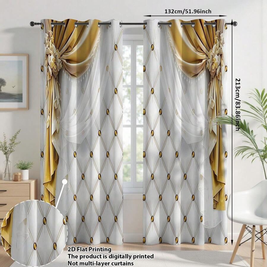 2pcs 2D Golden & White Geometric Diamond Luxurious Palace Style Christmas Curtains, Made Of Polyester Fiber, Suitable For Rental House, Living Room, Kitchen, Bedroom, Removable And Machine Washable, Suitable For Small Windows
