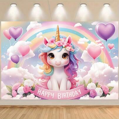 1pc Enchanting Pink Unicorn Happy Birthday Background Cloth, Featuring Rainbow And Unicorn Design, Perfect For Girl Photo Props, Home Decor, Room Decoration, Wall Decor, Birthday Party Backdrop, Gift Decorative Background, Wedding And Cake Table Decoration, Festival Banner, Photography Background, And Wall Hanging Decor.