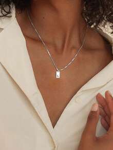 1pc Stainless Steel Letter Pendant Necklace, Minimalist 26 Alphabet Square Charm Necklace, Delicate Clavicle Chain Necklace, Suitable For Girls And Women - Silver - View 6