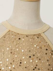 Vestido elegante de unicolor con lentejuelas y malla para niñas, primavera/verano - Champán - Ver 4