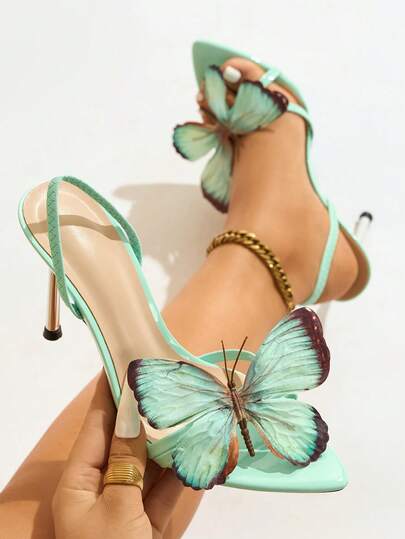 Women's High Heels - Green Sanctuary, Mint Green 3D Butterfly Pointed Toe Metallic Silver Stilettos, Matte Finish Comfortable Solid Color Fabric, Spring/Summer, Suitable For Nightclub, Party, Vacation, Shopping, Ball, Runway, Banquet, Elegant, Sexy, Pair With Dresses