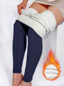 1pc Sport Solid Sherpa Plush Lining Leggings, Casual Stretchy Long Length High Waist Leggings, Women's Clothing - Màu xanh hải quân - Xem 4