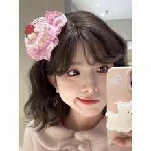 1pc Cute Plaid Strawberry Cake Hair Clip, Fabric Ornament For Birthday Party, Photo Shoot, Pink Hair Clips, Hair Clips Claw, Clips Hair, Pink Accessories, Hair Claws, Hair Slide, Hair Barrettes - 粉色 - 查看 4