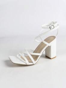 Giày sandal cao gót đế dày mũi vuông màu trắng dành cho nữ, kiểu dáng tối giản, thoải mái, đa năng, thích hợp cho các bữa tiệc mùa xuân hè. - trắng - Xem 6