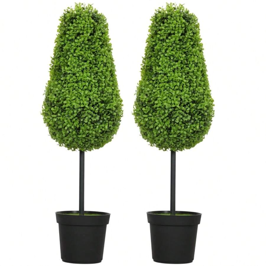 HOMCOM Set Of 2 Artificial Boxwood Plants, 90cm Teardrop Shape, Plastic Potted Artificial Plants, Modern Room Decoration - 1 - 查看 1