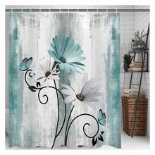 Rustic Farmhouse Shower Curtain, Farm Teal Daisy Floral Flowers And Butterfly On Country Wooden Shower Curtain For Bathroom, Turquoise Blue With 12PCS Hooks, 70X70IN - 多色548 - 查看 3