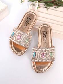 1 Pair Girls' Beach Slippers, Colorful Gemstone Geometric Pattern With Pearl Decor, Faux Leather Material, Non-Slip Sole, Open Toe Flat Style, Luxurious Resort Vibe, Suitable For Summer Beach And Strolling - Champagne - View 17