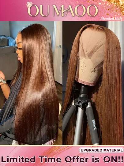 Peluca de cabello humano mezclado de 28 pulgadas de largo, color marrón chocolate, con cabello liso y frontal de encaje. Peluca de cabello virgen brasileño con densidad del 200%, con nudos decolorados y pretratados, y línea del cabello natural. Aspecto suave y natural para uso diario.