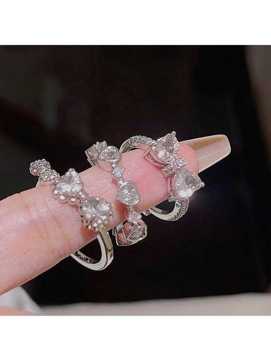 Niche Design Heart Ring Exquisite Light Luxury Ring Butterfly Ring Adjustable Open Finger Ring Three-Piece Set - Bạc - Xem 1