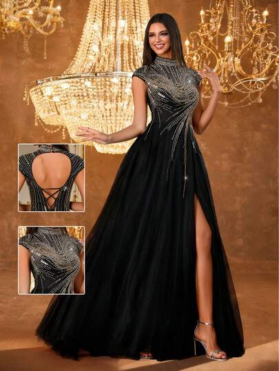 فستان سهرة طويل من التول مع رقبة عالية مزين بالخرز، فستان سهرة أنيق بدون أكمام ولامع للنساء، فستان رسمي طويل على شكل A مرصع بالبريق، فستان حفل فاخر للمناسبات الكبرى، فستان سهرة أنيق وفاخر، فستان طويل مزين، فستان حفلة على السجادة الحمراء