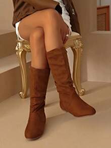 [Comfortable Boots] Elegant Women's Knee-High Boots With Bow Details - Square Toe, Low Chunky Heel, Lace-Up, Faux Cap And Rubber Sole, Available In White, Black, And Red. Fashionable Lace-Up Dress Boots, Lightweight Sneakers For Girls And Students For Halloween Decorations, Suitable For Attending Proms And Everyday Travel Boots. - 棕色 - 查看 1